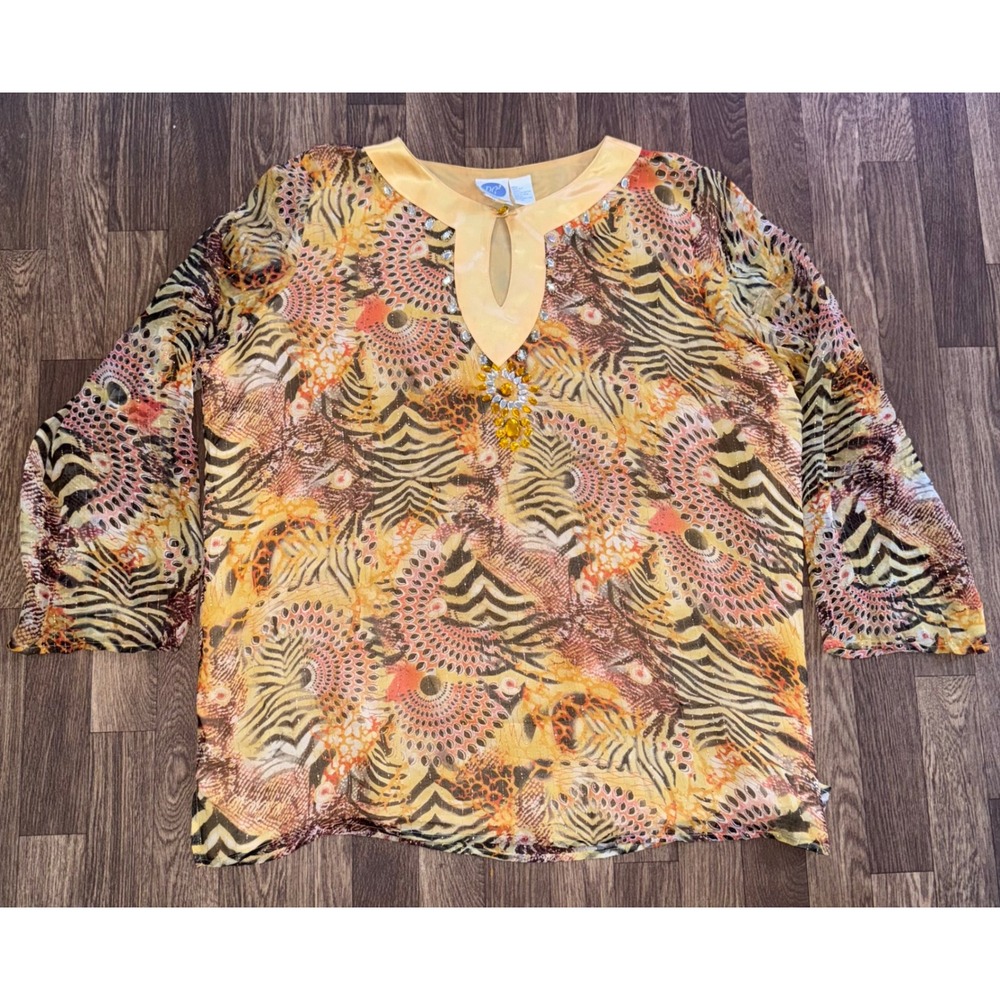 DG2 Diane Gilman Sheer Blouse Embellished Keyhole Top Animal Print L